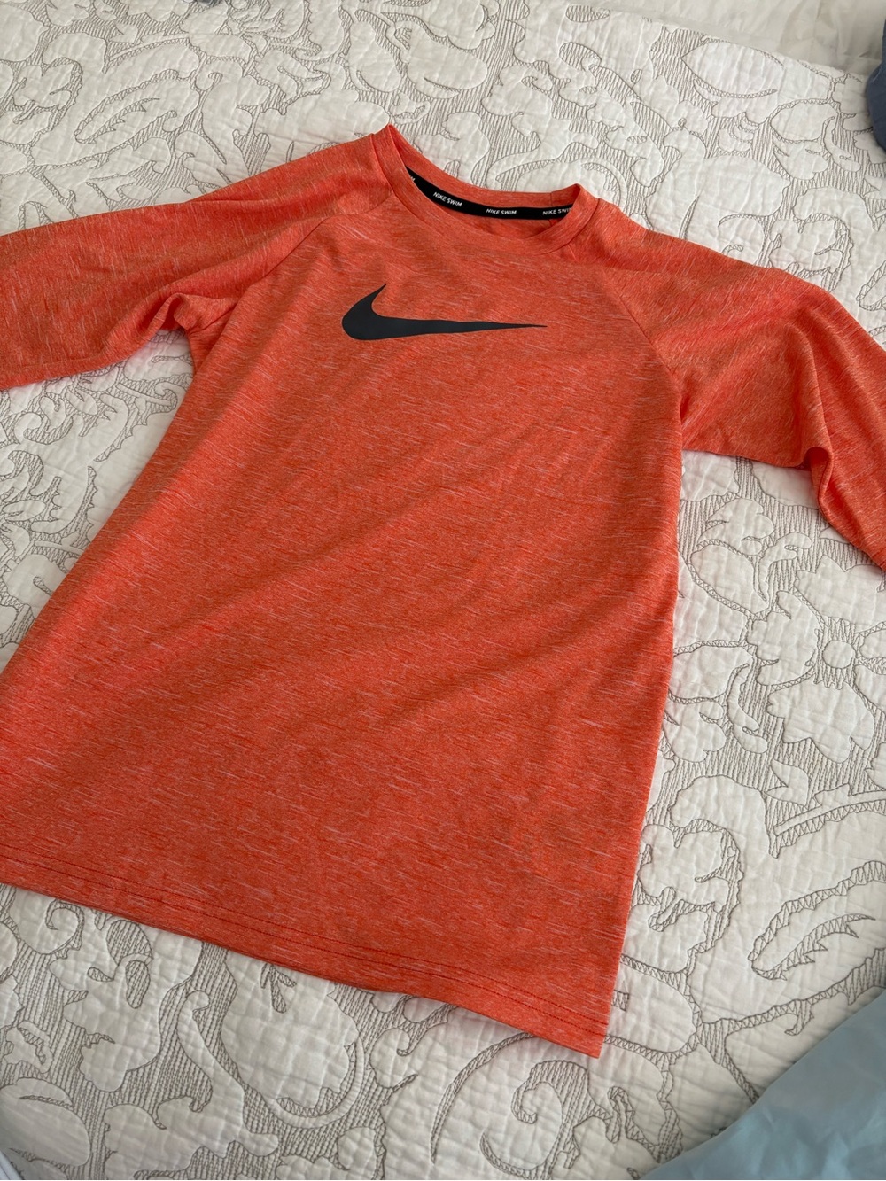Nike Kids Orange Long-Sleeve Swim Rashguard with Black Swoosh